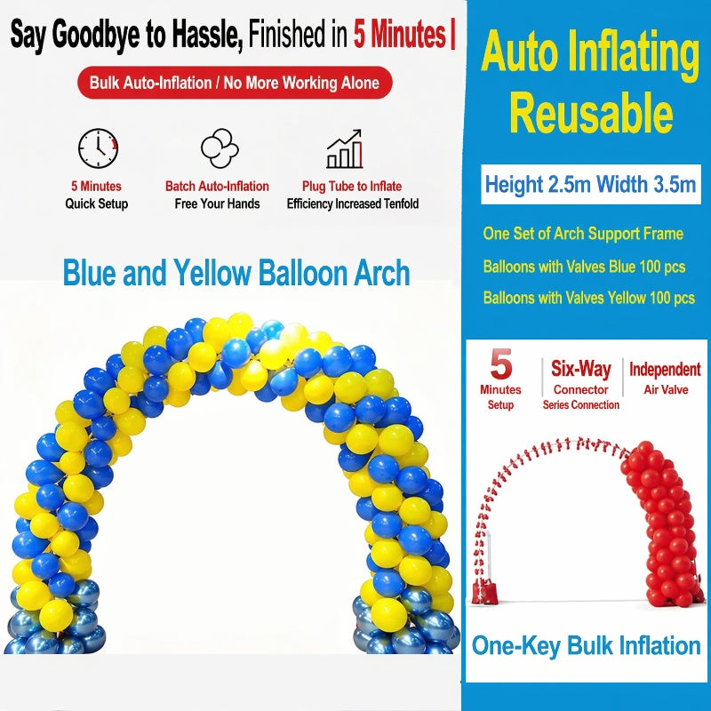 Self-inflating balloon arch, balloon arch frame, balloons with air nozzles, support bulk inflation