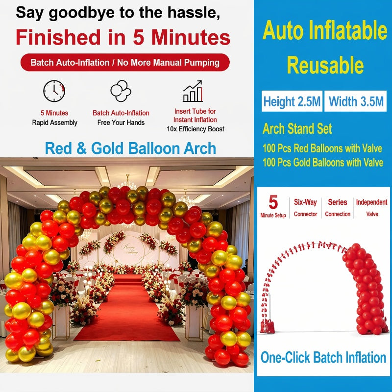 Self-inflating balloon arch, balloon arch frame, balloons with air nozzles, support bulk inflation