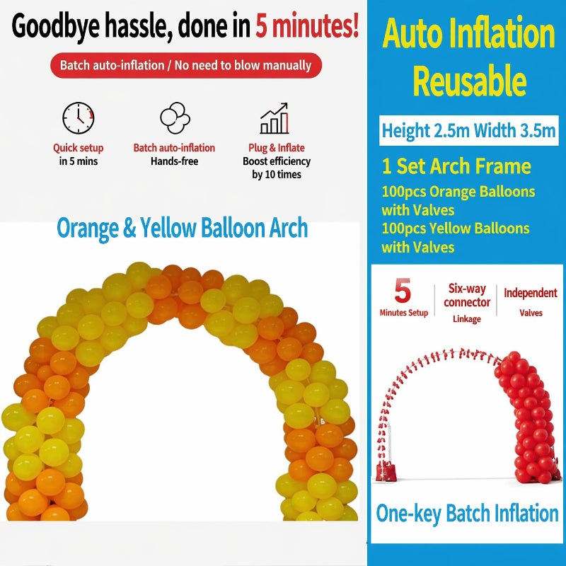 Self-inflating balloon arch, balloon arch frame, balloons with air nozzles, support bulk inflation