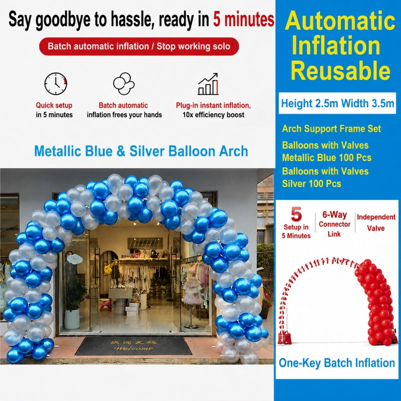 Self-inflating balloon arch, balloon arch frame, balloons with air nozzles, support bulk inflation