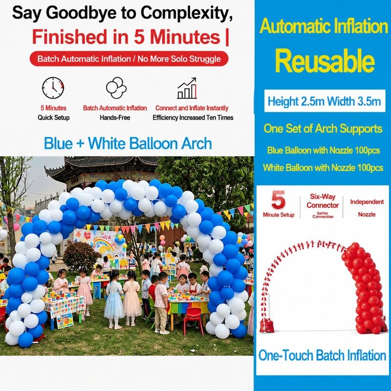 Self-inflating balloon arch, balloon arch frame, balloons with air nozzles, support bulk inflation