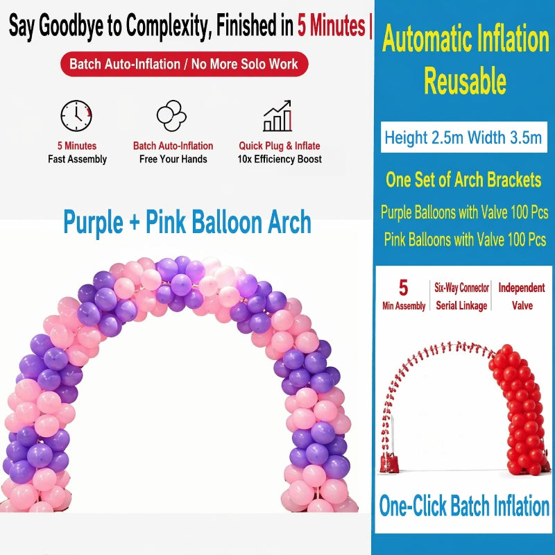 Self-inflating balloon arch, balloon arch frame, balloons with air nozzles, support bulk inflation