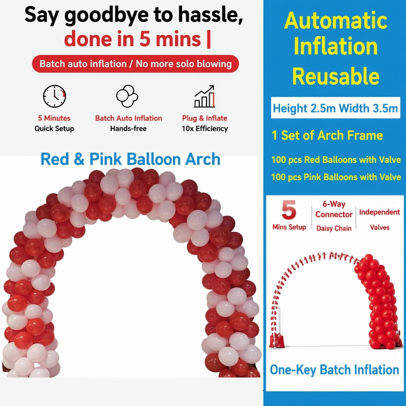 Self-inflating balloon arch, balloon arch frame, balloons with air nozzles, support bulk inflation