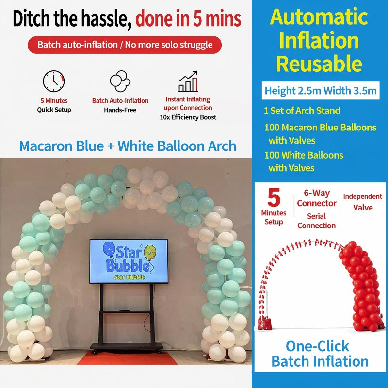 Self-inflating balloon arch, balloon arch frame, balloons with air nozzles, support bulk inflation