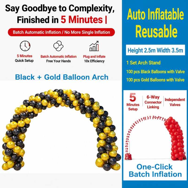 Self-inflating balloon arch, balloon arch frame, balloons with air nozzles, support bulk inflation